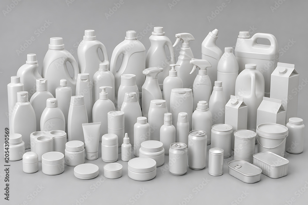 Fototapeta premium Collection of White Plastic Bottles and Containers for Cleaning Products and Cosmetics