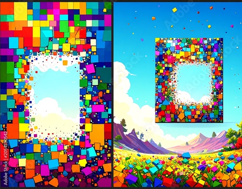 Two vibrant, colorful abstract compositions featuring a central empty space surrounded by pixelated forms. One is a landscape