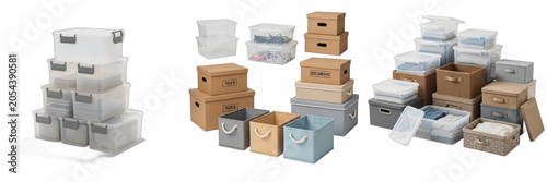 Isolated Cardboard Moving Storage Boxes Set 3D Render Transparent Background Cardboard Plastic Baskets Office House Organizer Furniture Graphic High Resolution Commercial Microstock Clip Art Design As
