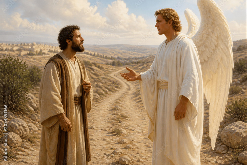 Naklejka premium Biblical figure conversing with angel on desert path