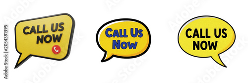Isolated Call Us Now Yellow Speech Bubble Comic 3D Render Transparent Background Customer Service Hotline Business Contact Us Communication Icon High Resolution Commercial Microstock Clip Art Design A