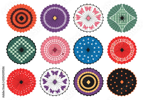Schilderij op canvas Collection of twelve colorful Japanese umbrellas with intricate patterns during
