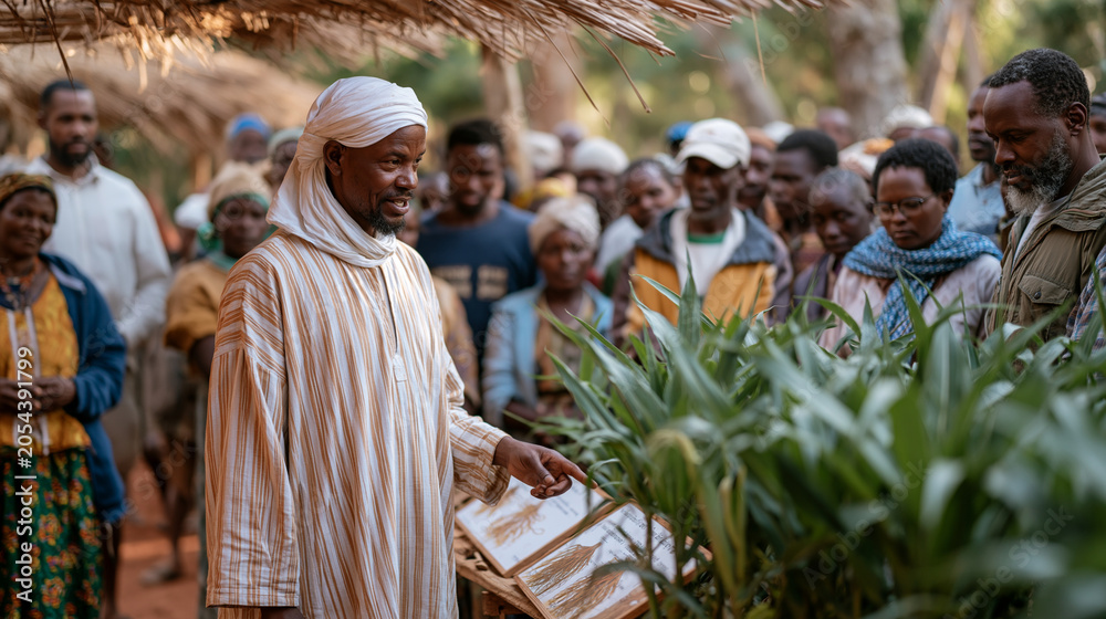 Fototapeta premium A crowd of smallholder farmers gathered around a field day demonstration of gene edited drought resistant maize varieties, extension officers pointing to root structures on