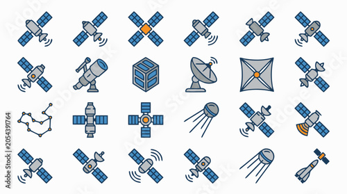 Valokuva Satellite Dish Icons Set with Antenna, Signal Waves, and Stylized Vector Communi
