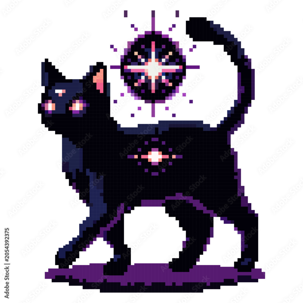 Fototapeta premium A black cat walks with glowing stars above and around it. The scene shows a nighttime setting with a pixel art design. The stars give a magical look to the overall picture