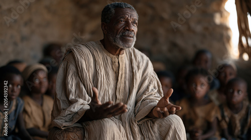 Weathered storyteller sits on a carved stool surrounded by a circle of wide-eyed children in a firelit community hall, hands animated mid-gesture as he performs an oral epic that