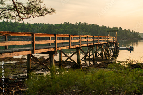 Wooden boardwalk on a river during golden hour