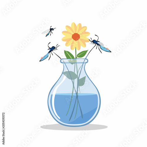 Mosquitoes attracted to a flower in a vase