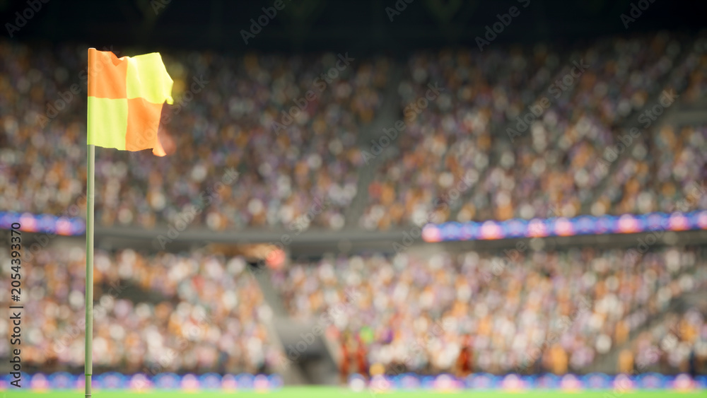 Naklejka premium 3D illustration close up of corner flag on soccer stadium pitch with fans in blurry background.