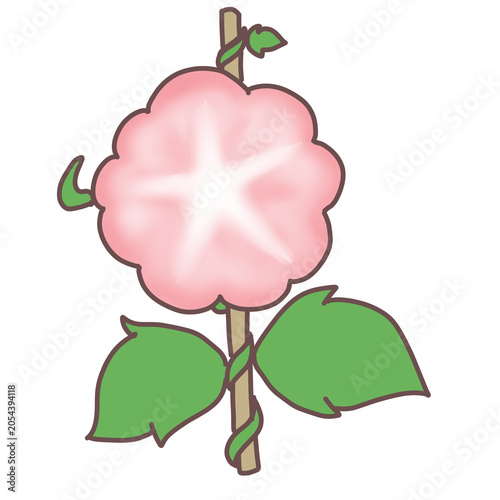 Cute pink morning glory flower on support stick flat cartoon vector illustration kawaii clip art