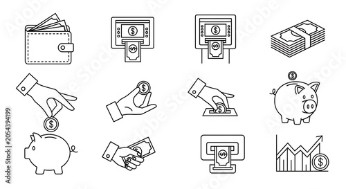 Icons representing banking and personal finance features are displayed in a clean linear style for professional financial applications.