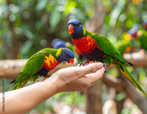 Two vibrantly colored parrots perch on a human hand, another parrot sits nearby in a verdant setting