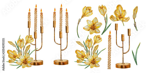Schilderij op canvas Watercolor set with yellow crocus saffron flowers, candles, candleholders and separate elements