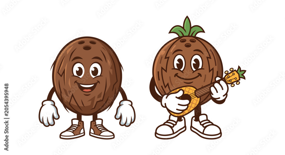 Fototapeta premium Happy Cartoon Coconut Characters Playing Ukulele Vector Illustration
