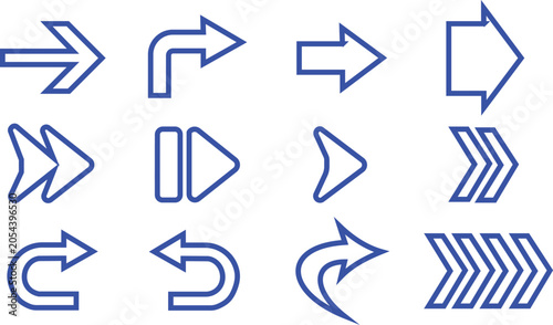Foto Set of twelve blue outline directional arrow including straight, curved, and che