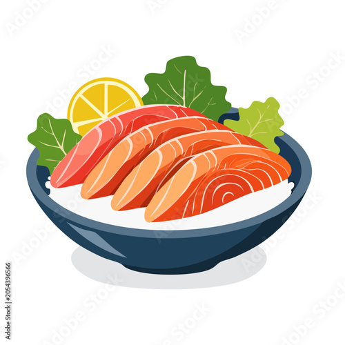 Salmon sashimi with lemon and lettuce in flat design