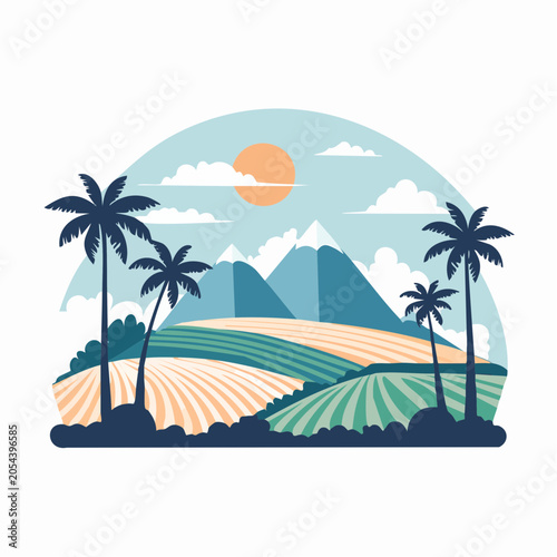 Tropical Landscape with Palm Trees, Mountains, and Fields