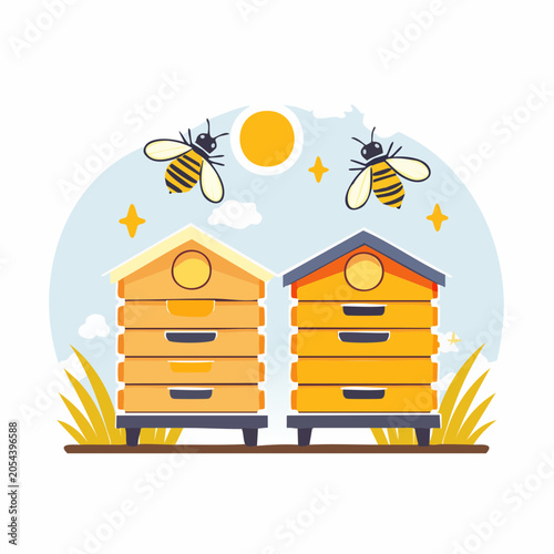 Two Beehives with Bees Flying Under the Sun
