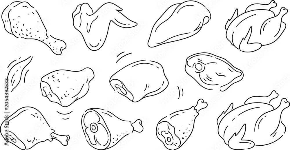 Obraz premium Raw Chicken Meat Cuts Line Art Icon Set Featuring Whole Poultry Breast Drumstick Wing and Thigh for Butcher Shop Menu Designs