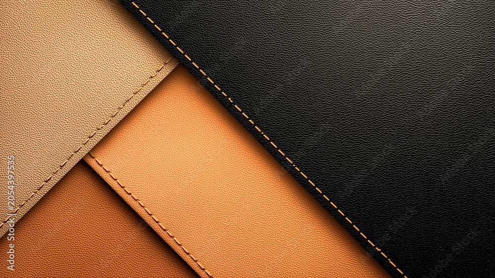 Fototapeta premium Abstract leather texture background with stitched seams. Genuine material sheets in black, brown and beige colors for luxury fashion design or upholstery concept