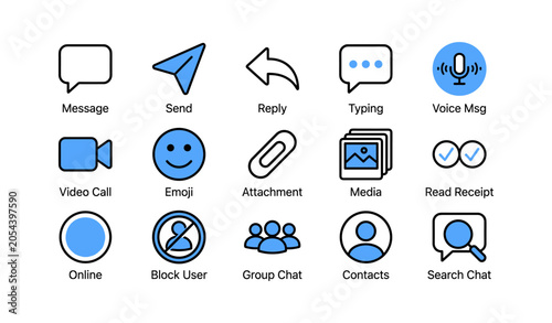 Messaging and chat icons arranged in labeled grid on white background