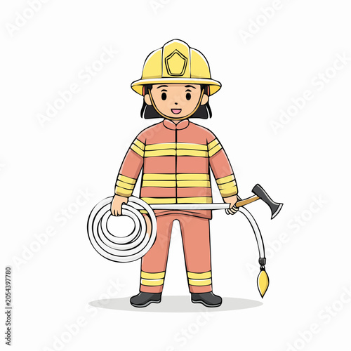 Cartoon Firefighter Holding Hose and Axe
