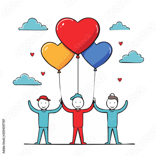 Cartoon heart balloons and people