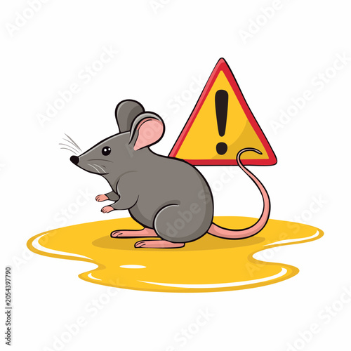 Cartoon Mouse and Warning Sign