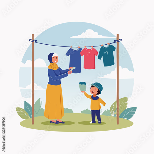 Mother and child hanging laundry on a clothesline outdoors