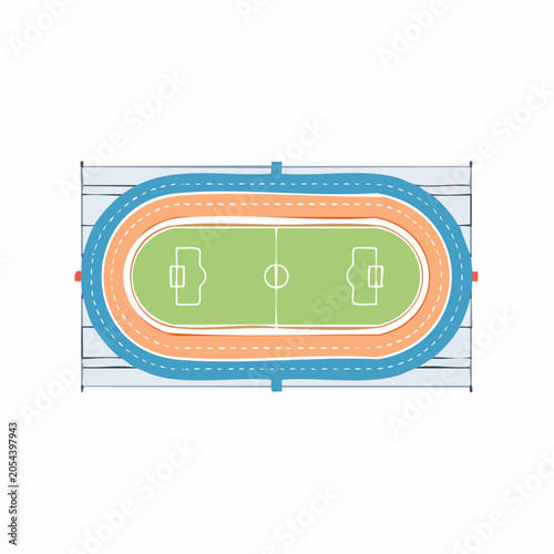 Top-down view of a sports stadium with a soccer field and running track