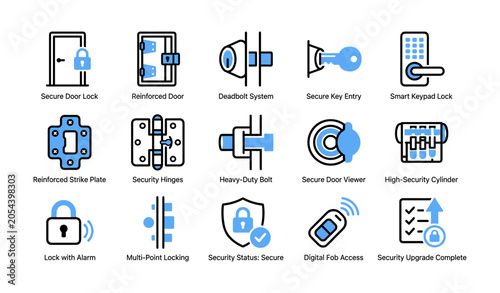 Door and lock security icons arranged on white background