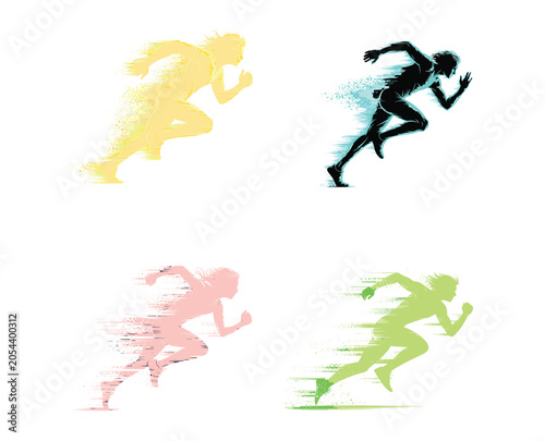 Foto Runner's Burst of Speed: Four stylized runners in yellow, teal, pink, and green silhouettes explode forward, appearing to disintegrate into speed lines and particles, symbolizing momentum and energy