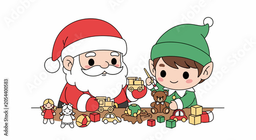 Cute cartoon Santa Claus and his cheerful elf helper busy crafting and arranging a variety of toys for Christmas, holiday season workshop scene.
