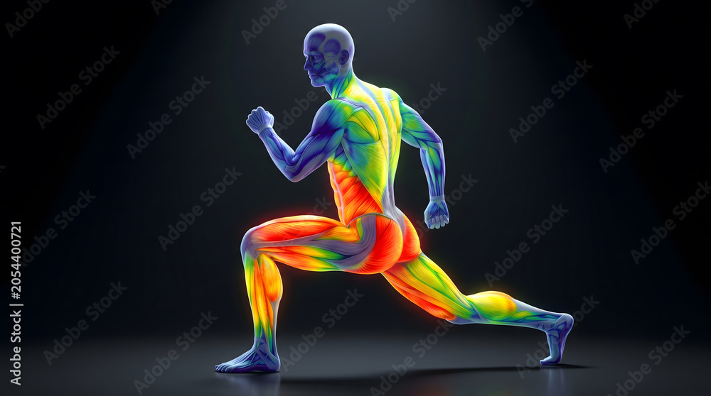 Obraz premium Running human figure with rainbow thermal muscle map showing heat energy and motion for sport science