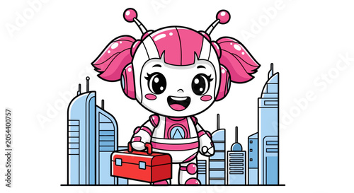 Cute cartoon robot girl with pigtails and a briefcase, standing in a futuristic city with skyscrapers