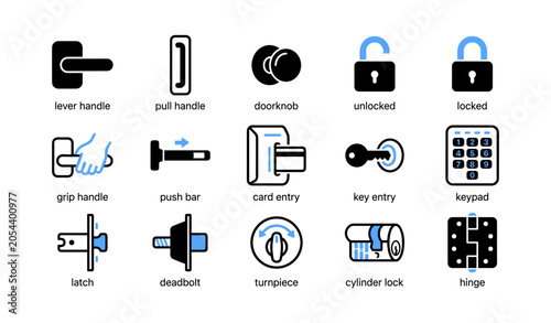 Door hardware icons arranged in grid on white background