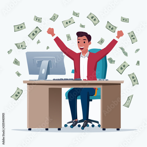 Man Celebrating Success with Money Falling Around Him at Desk