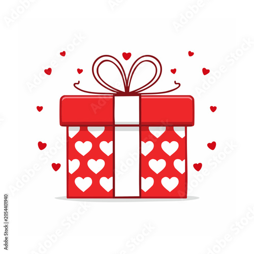 Red gift box with white hearts and ribbon, surrounded by small hearts