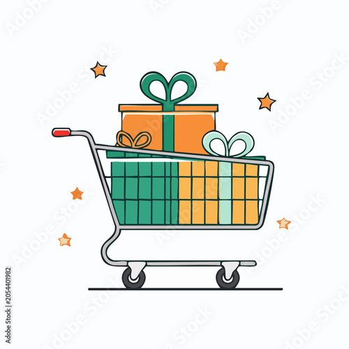 Shopping Cart Full of Gift Boxes with Stars