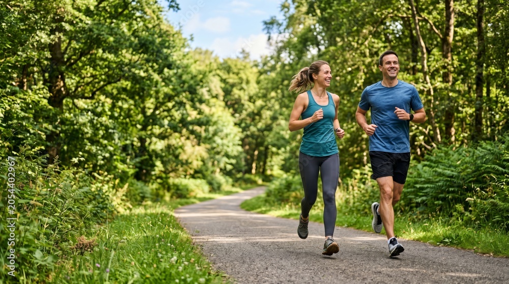 Fototapeta premium A young woman and man enjoying a refreshing run through a lush green forest path on a sunny day.
