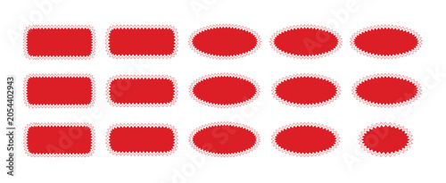 Collection of red starburst and rectangular labels with jagged edges