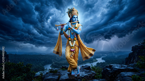 Krishna playing golden flute on cliff above river with dramatic storm cloud and lightning