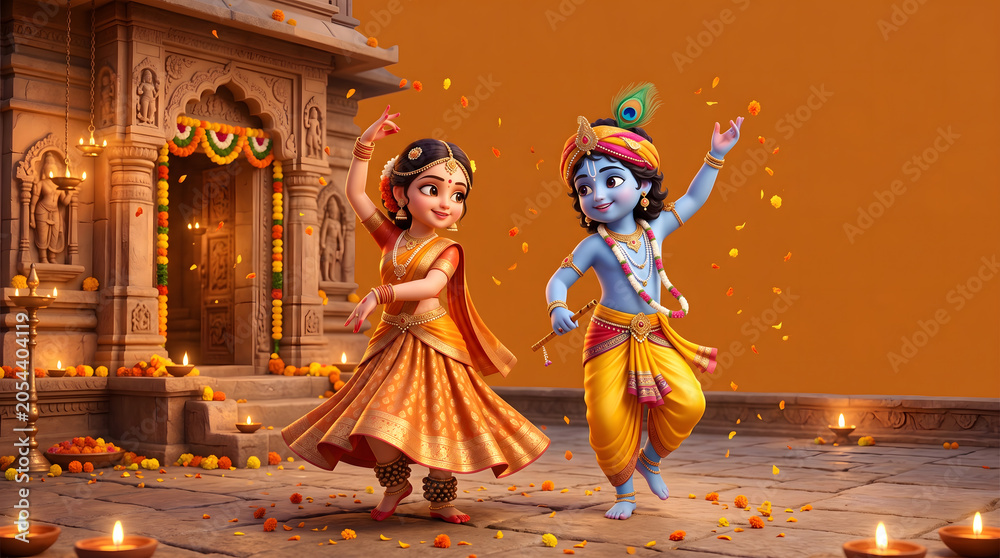 Fototapeta premium Krishna and Radha dancing joyfully near temple with diya and flower decoration