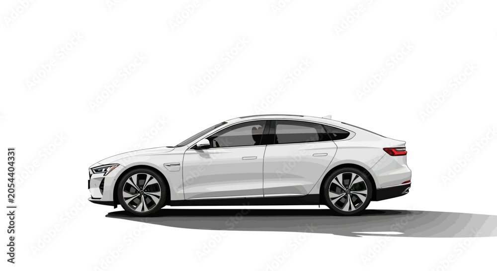 Fototapeta premium Modern white luxury car vehicle driving on road in daytime with sleek design and shiny exterior