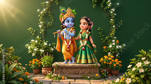 Krishna playing flute and Radha standing in blooming garden with sunray and flower backdrop