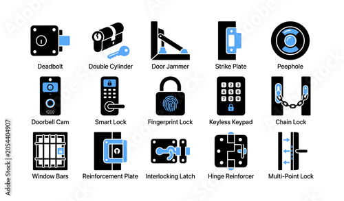 Door security icons showing locks and hardware on white grid
