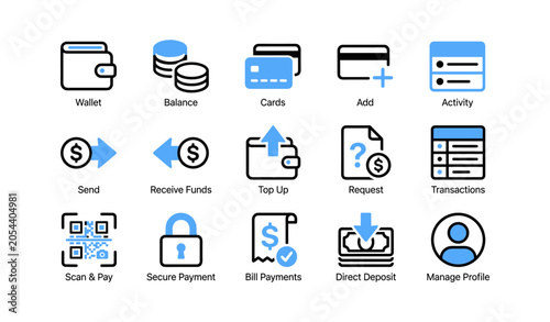 Wallet icons showing finance actions and transaction tools on white