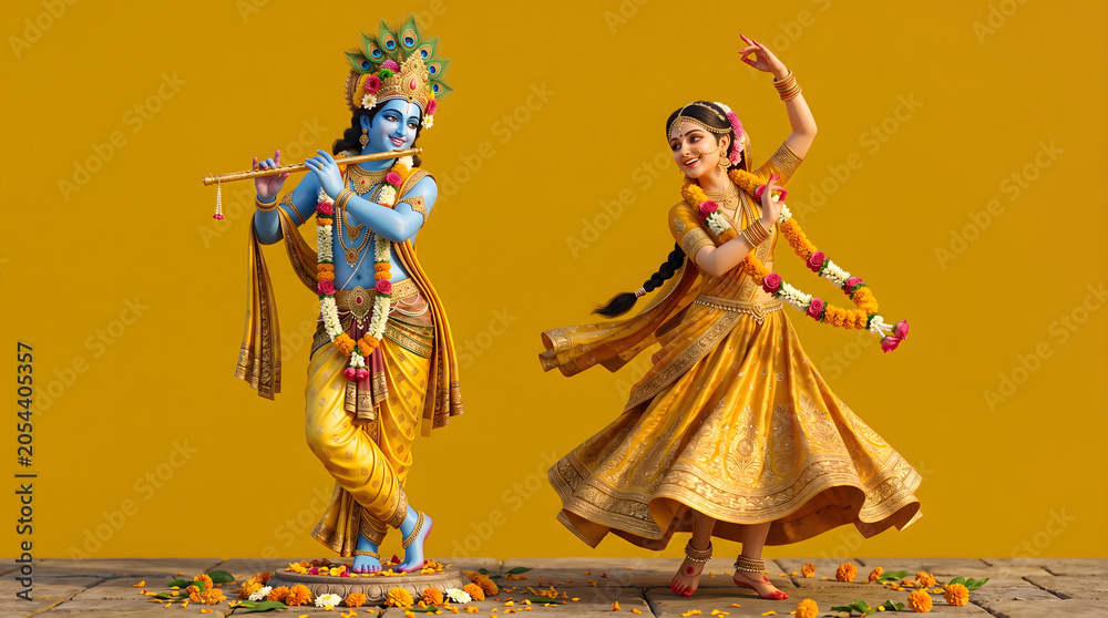 Fototapeta premium Krishna playing flute with dancer radha in yellow traditional dress on golden background