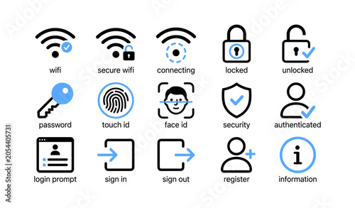 Security and authentication icons for wifi and login interfaces