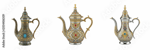 Fotografía Polished Silver Arabic Coffee Pot Dallah with Royal Blue and Red Gemstones Isola